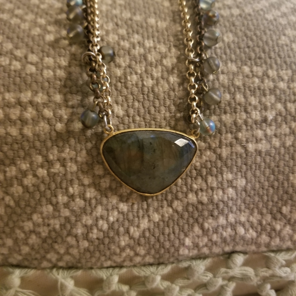 Labradorite brass beaded necklace faceted pendant